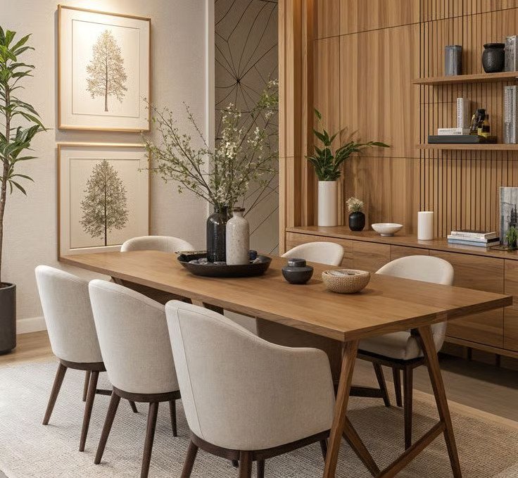 Projects a japandi dining room with a sleek wooden table neutral colored chairs and minimalist decor set ag yx4xx7jz1oc1prnm